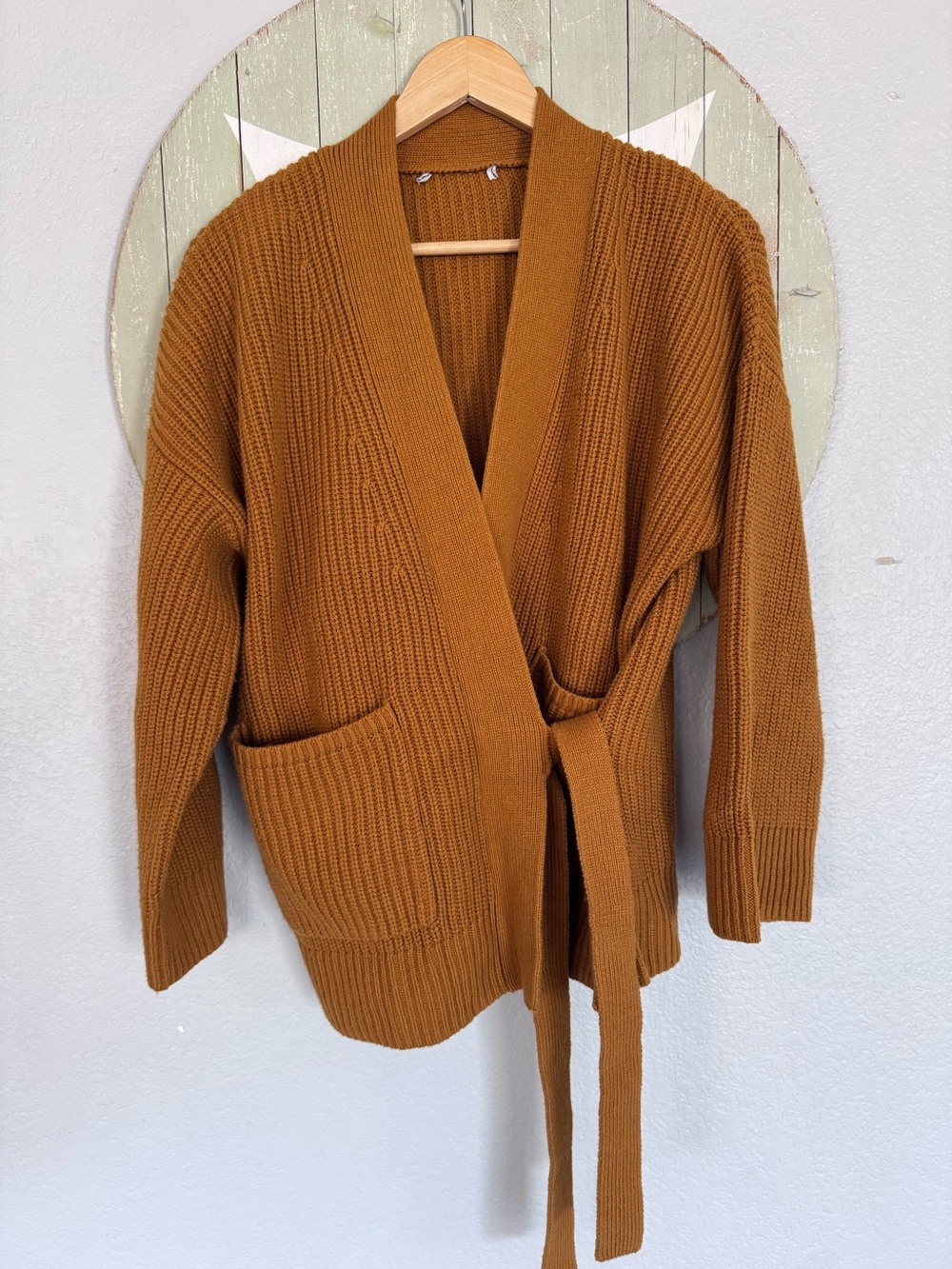 Madewell wool blend chunky knit wrap cardigan mustard color